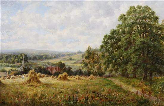 John Bonny (1875-1948) Village street with a wheelwrights and Cornfield after harvest 24 x 36in.